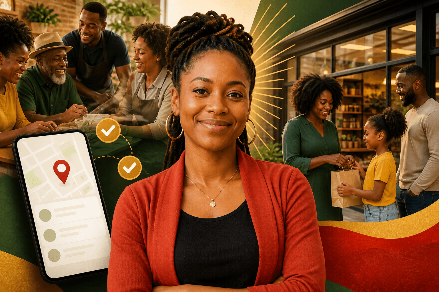 Checklist graphic showing local SEO elements: verified listing, member reviews, community feed icons for Black-owned businesses