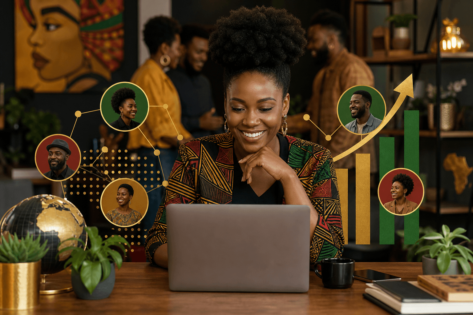 Black business owner reviewing monthly recurring revenue chart on laptop showing upward growth trend