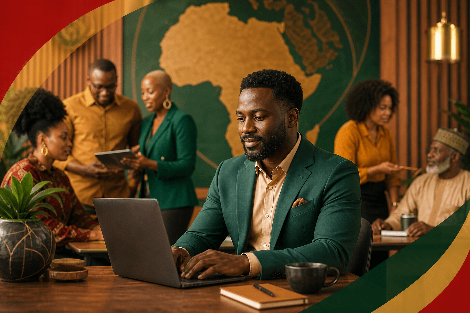 Diverse professionals reviewing vendor information on a laptop screen at a business meeting table