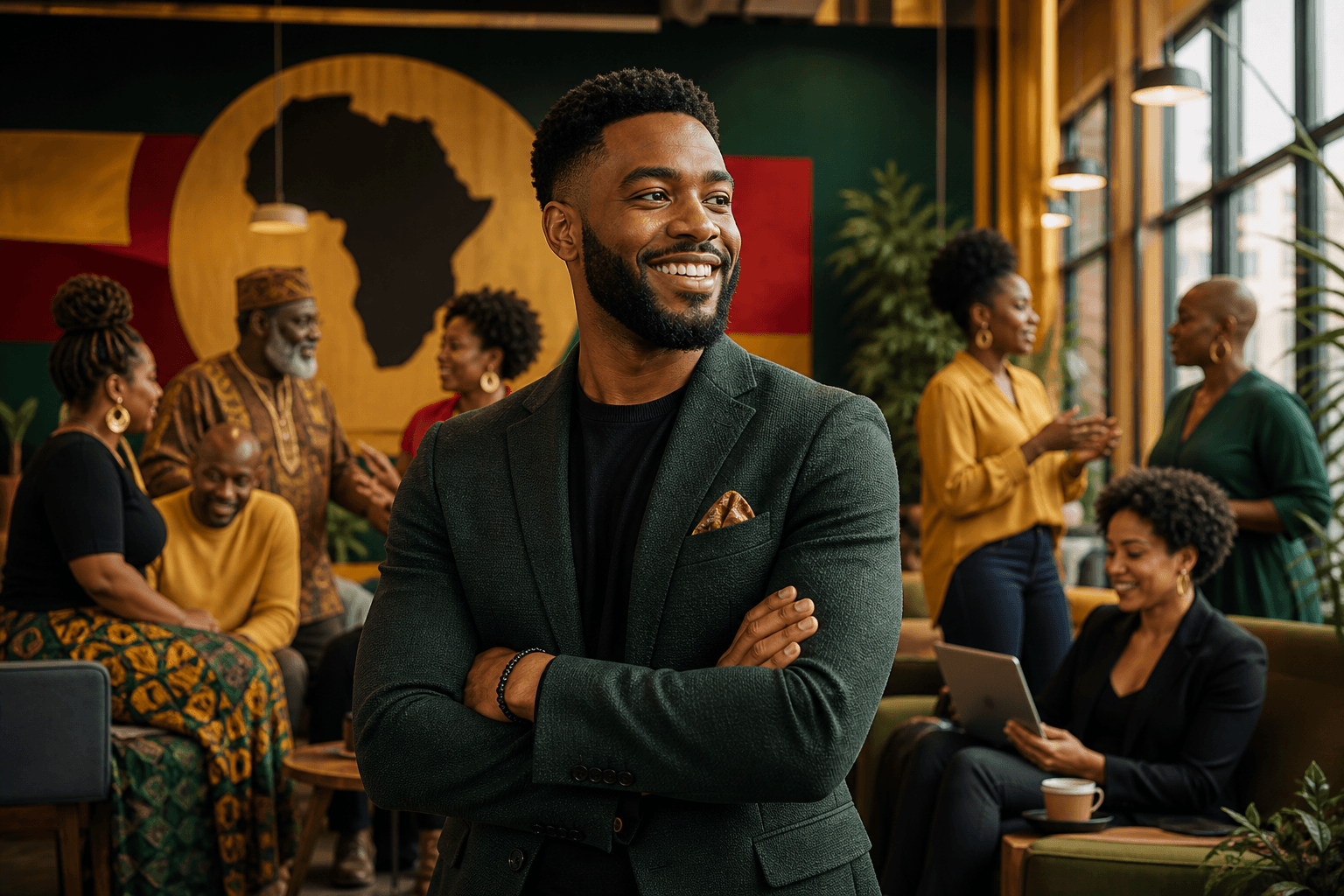 Black business owners networking and exchanging referral cards around a table in a verified directory listing