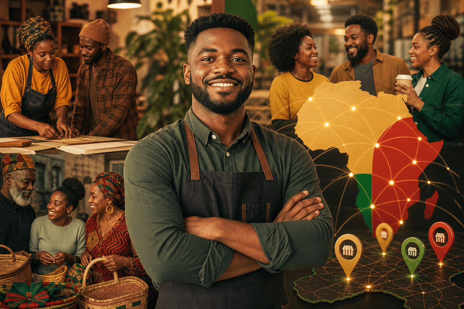 Black entrepreneur reviewing growth metrics on laptop with directory listing and community feedback dashboard displayed