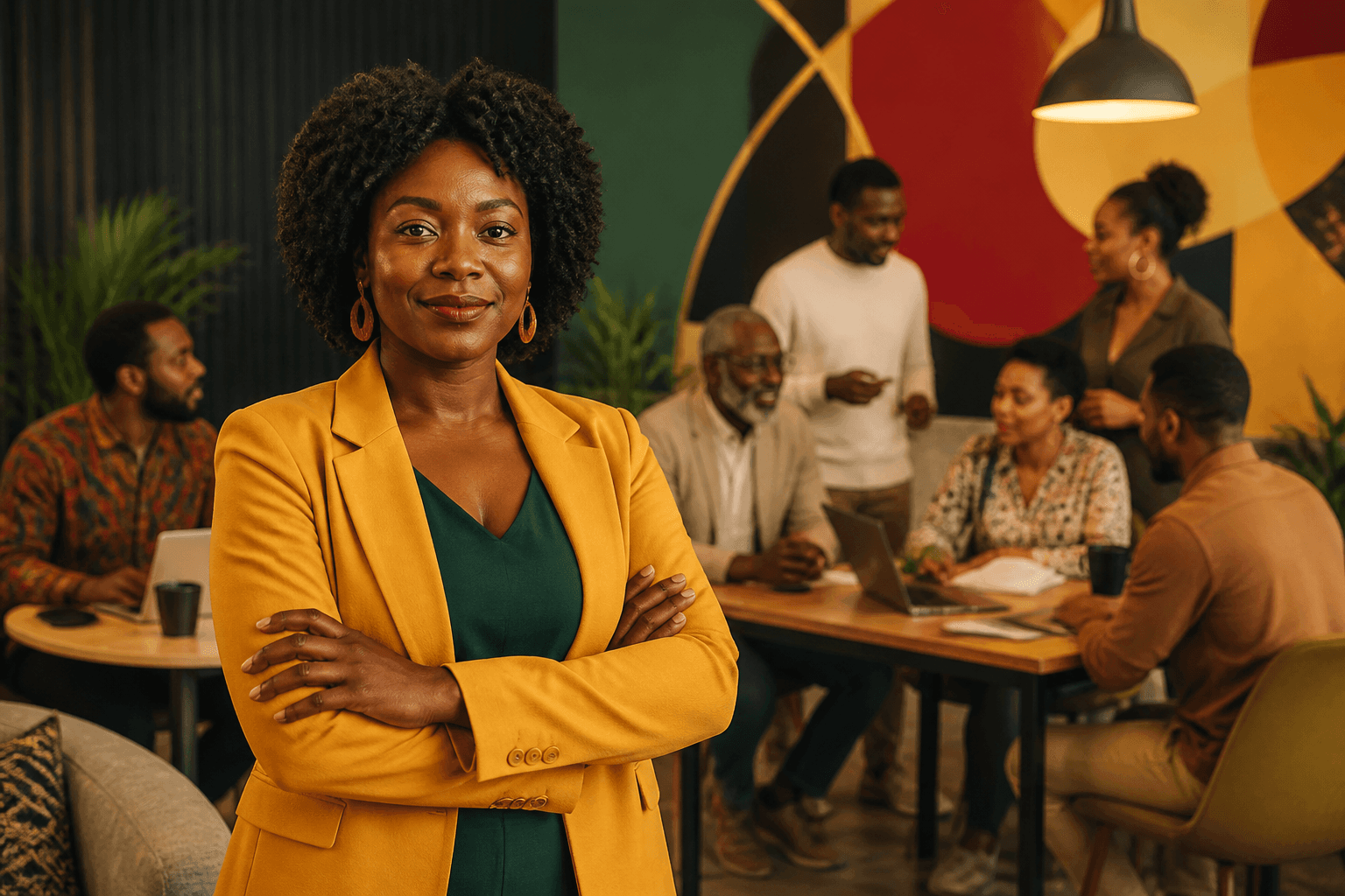 Black business owners collaborating around a table with laptops and notebooks