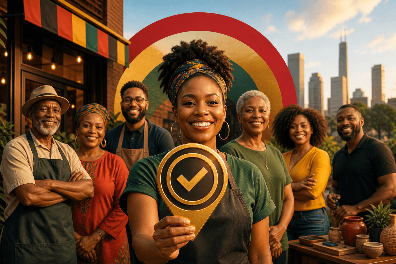 Diverse shoppers browsing verified Black-owned businesses on a mobile directory app with deal badges and star ratings