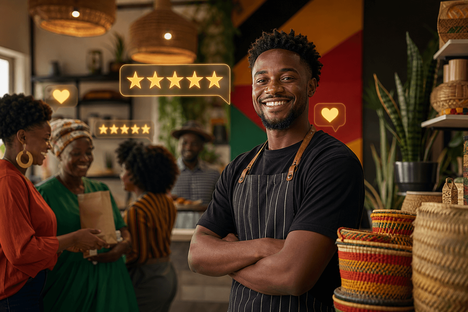 Black business owner reading positive customer reviews on laptop screen