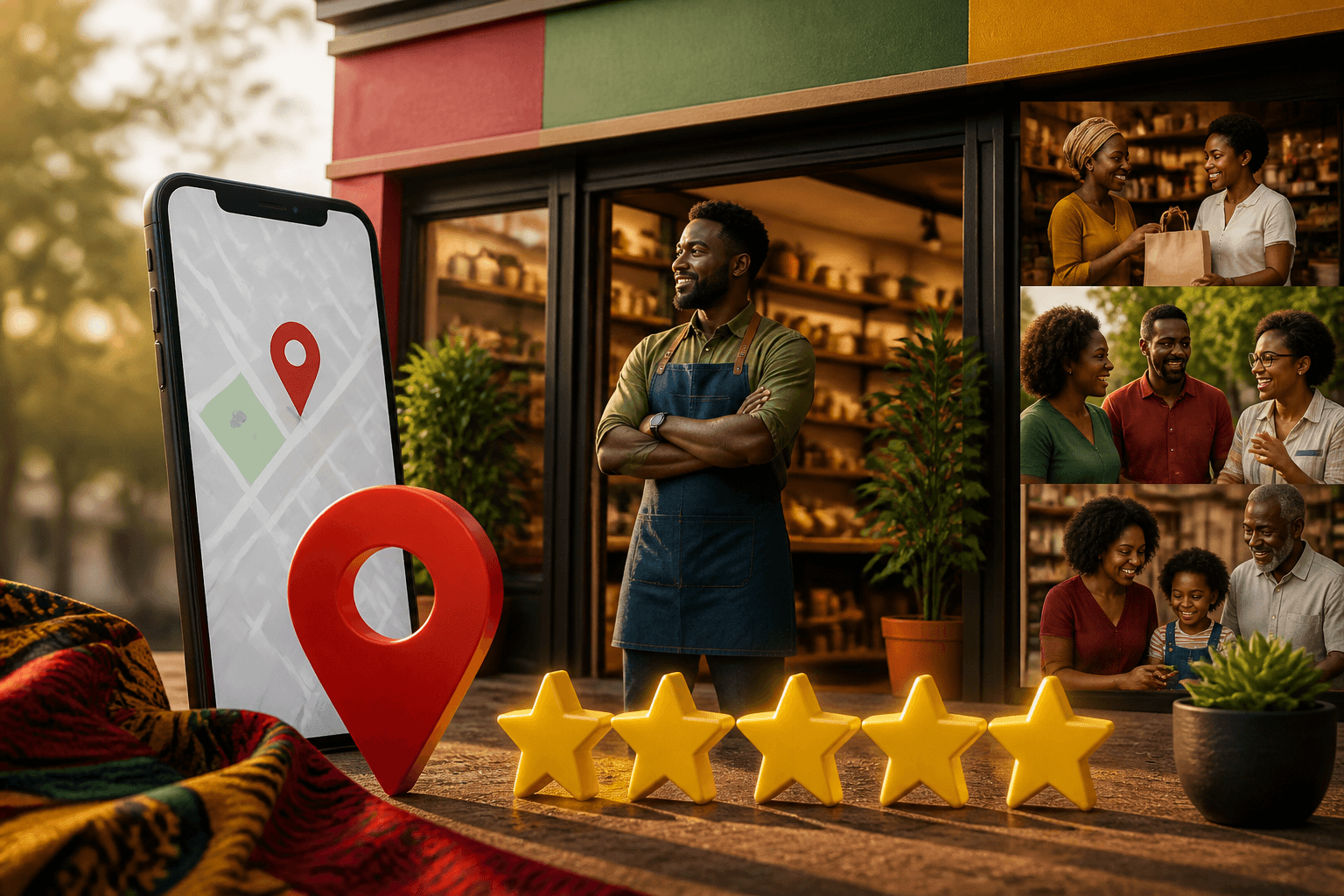 Black-owned business owner reviewing Google Maps listing on laptop with positive customer reviews displayed on screen