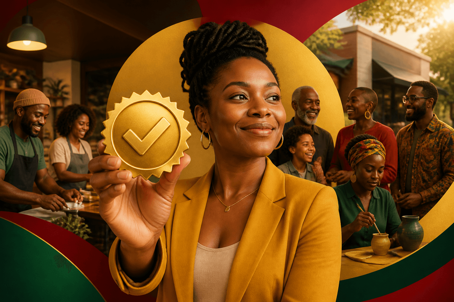 Black business owner holding smartphone displaying verified badge icon on BLK Bizness directory profile