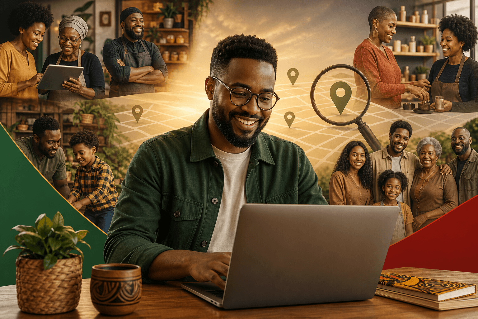 Black-owned business directory interface showing category and city filter options for conscious consumers