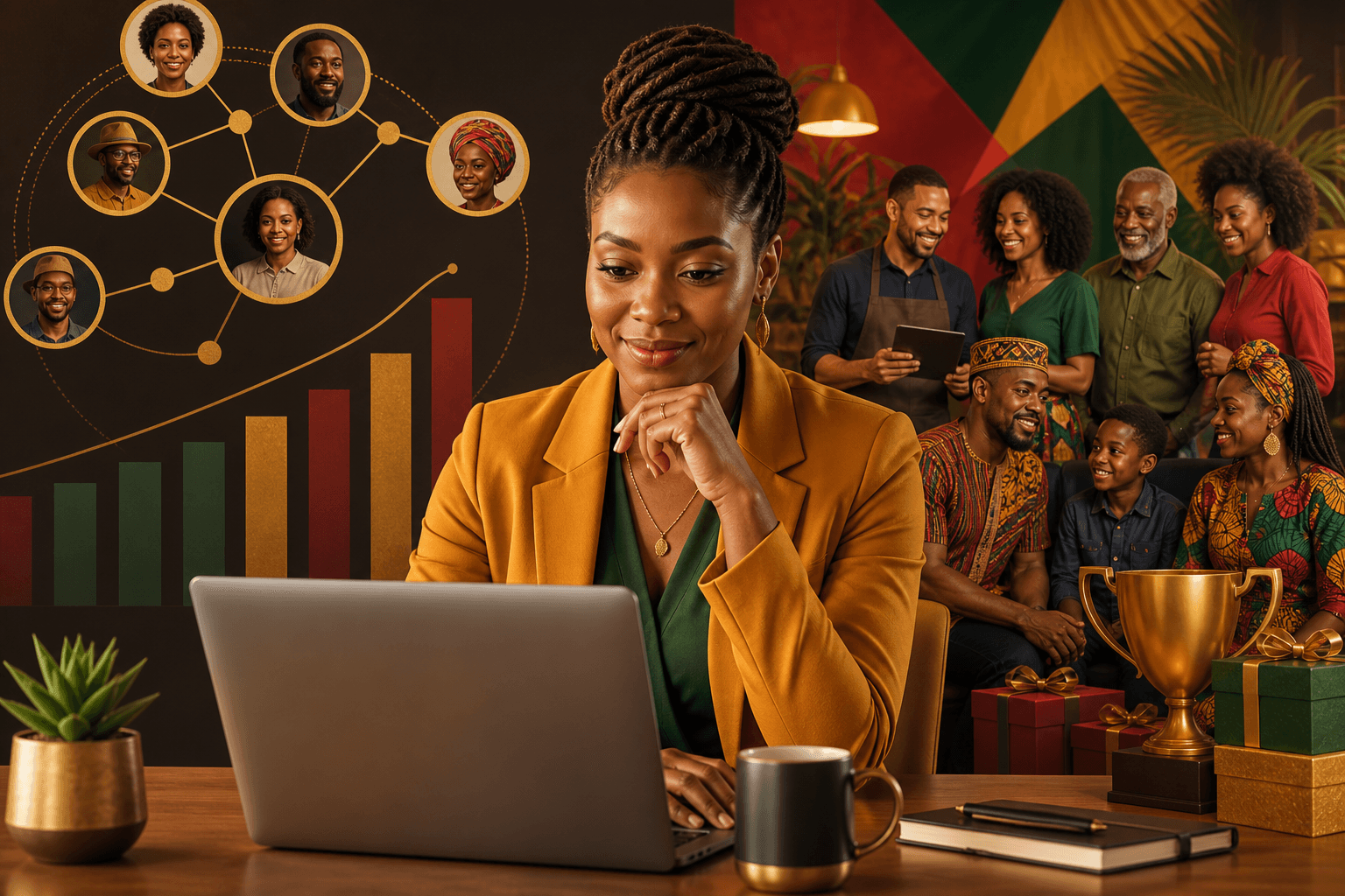 Black business owner analyzing referral data on laptop with community advocate profiles displayed on screen