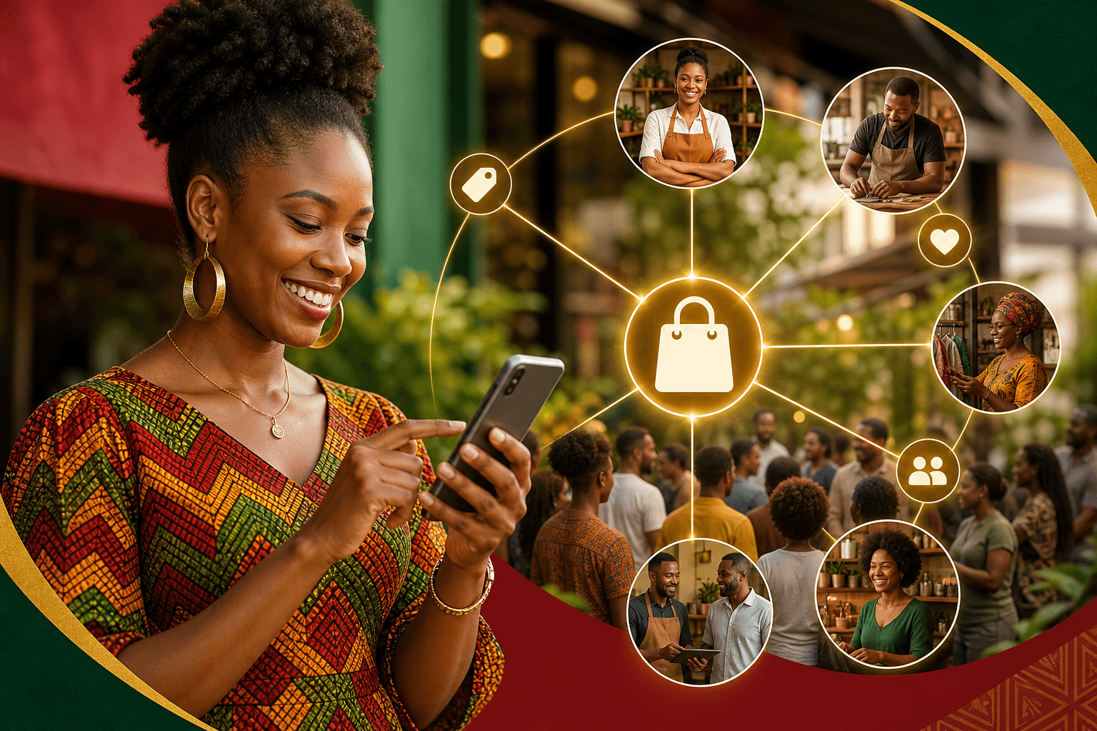 A diverse group of people scrolling through a mobile app displaying special offers from Black-owned businesses