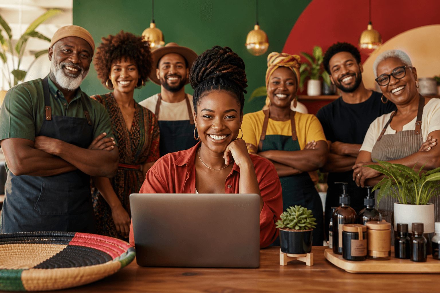Black business owner reviewing growth metrics on laptop at desk with notebook and coffee