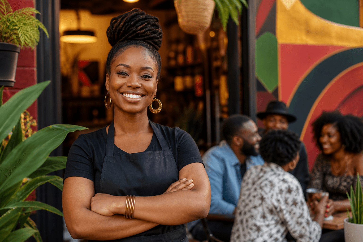 Black business owner reviewing customer data on laptop with growth chart overlay